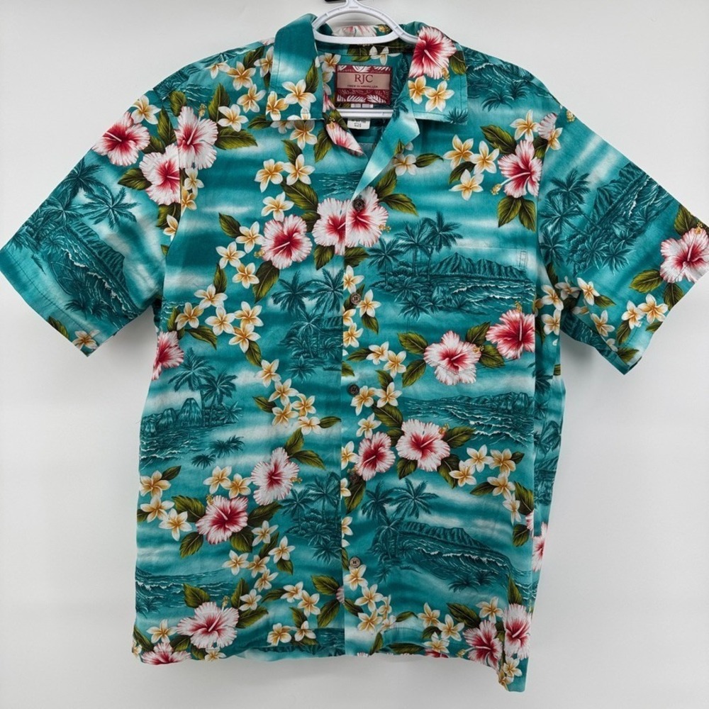 RJC Hawaiian Aloha Blue Shirt Men's Large Floral Palms Hibiscus Hawaii USA